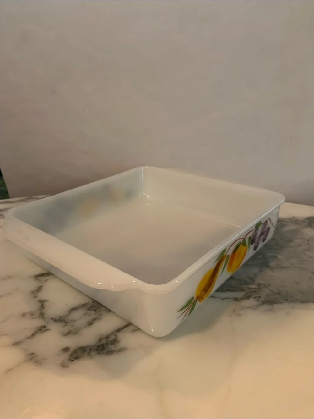 Vintage Fire-King Gay Fad Fruits Milk Glass Square Baking Dish 8” Casserole
